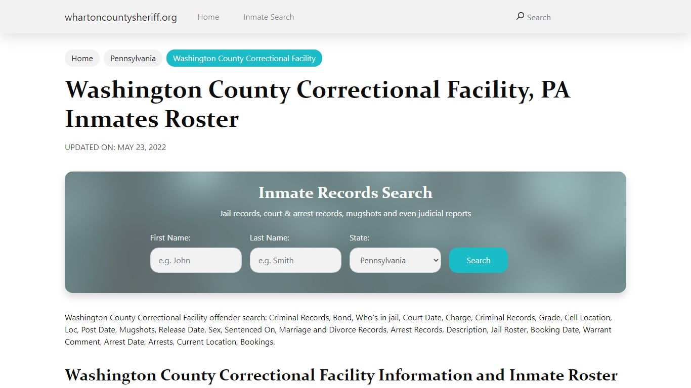 Washington County Correctional Facility, PA Jail Roster ...